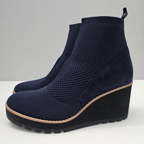 NEW Eileen Fisher Quill Ankle Bootie Wedge Platform Blue Knit Suede Size 9
